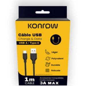 Konrow KCATCNB1 – Câble USB Type A vers Type C – 1m – Nylon