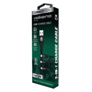 VOLKANO VK-20086-BK CABLE 3-en-1 Plat MicroUSB/USB-C/Lightning 1m