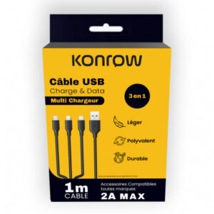 KONROW KC3IN1PB Câble 3-en-1 MicroUSB/USB-C/Lightning 2A 1m Noir